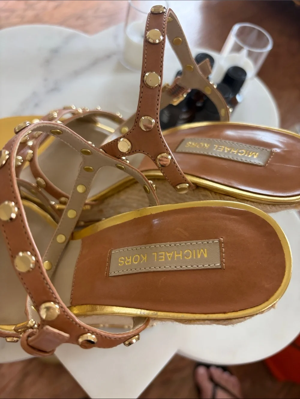 Michael Kors Brown Leather Espadrille Wedge Sandals with Gold Studs